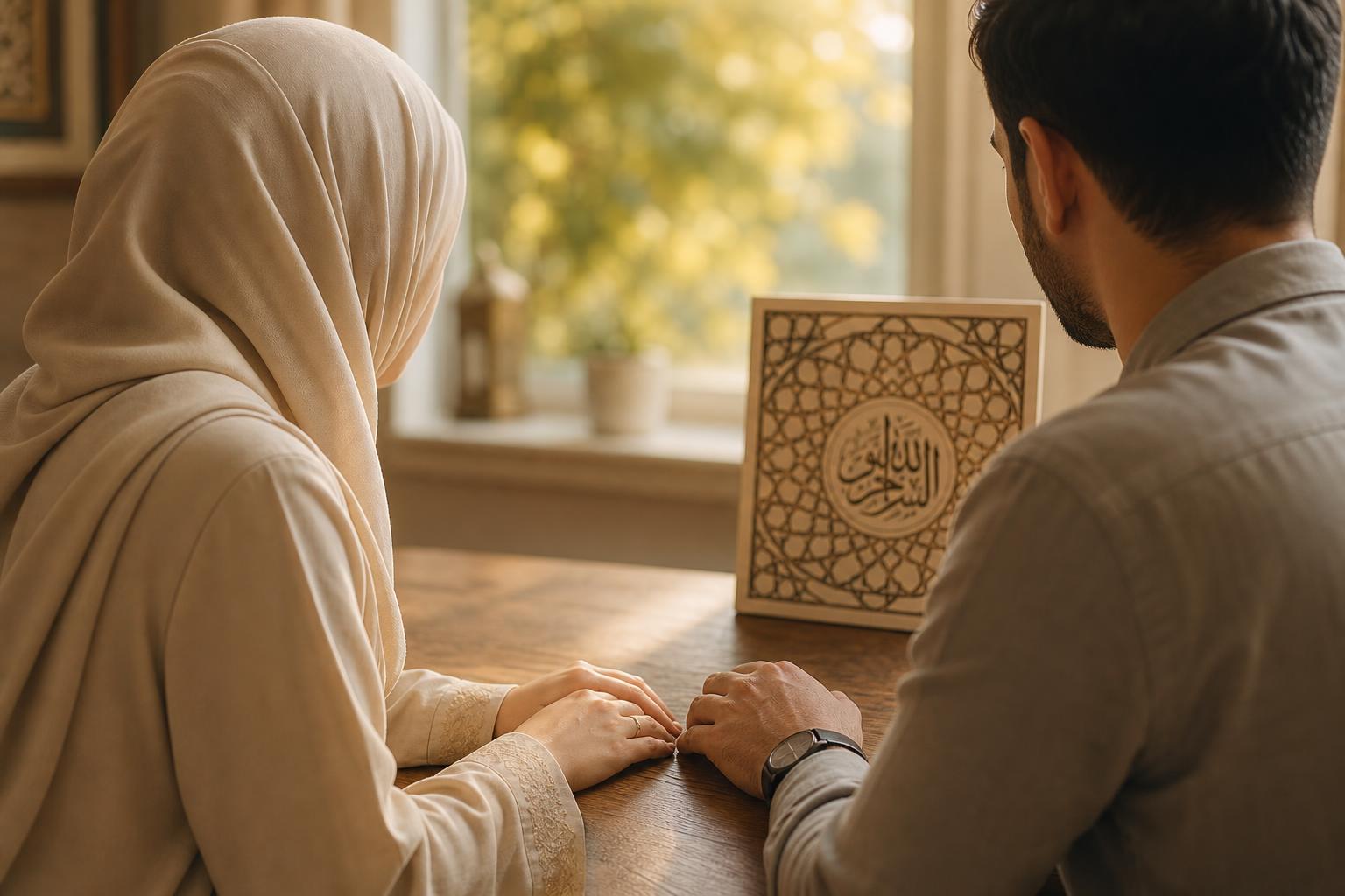 A Muslim couple's hands resting near each other in warm light, beside an Islamic geometric pattern